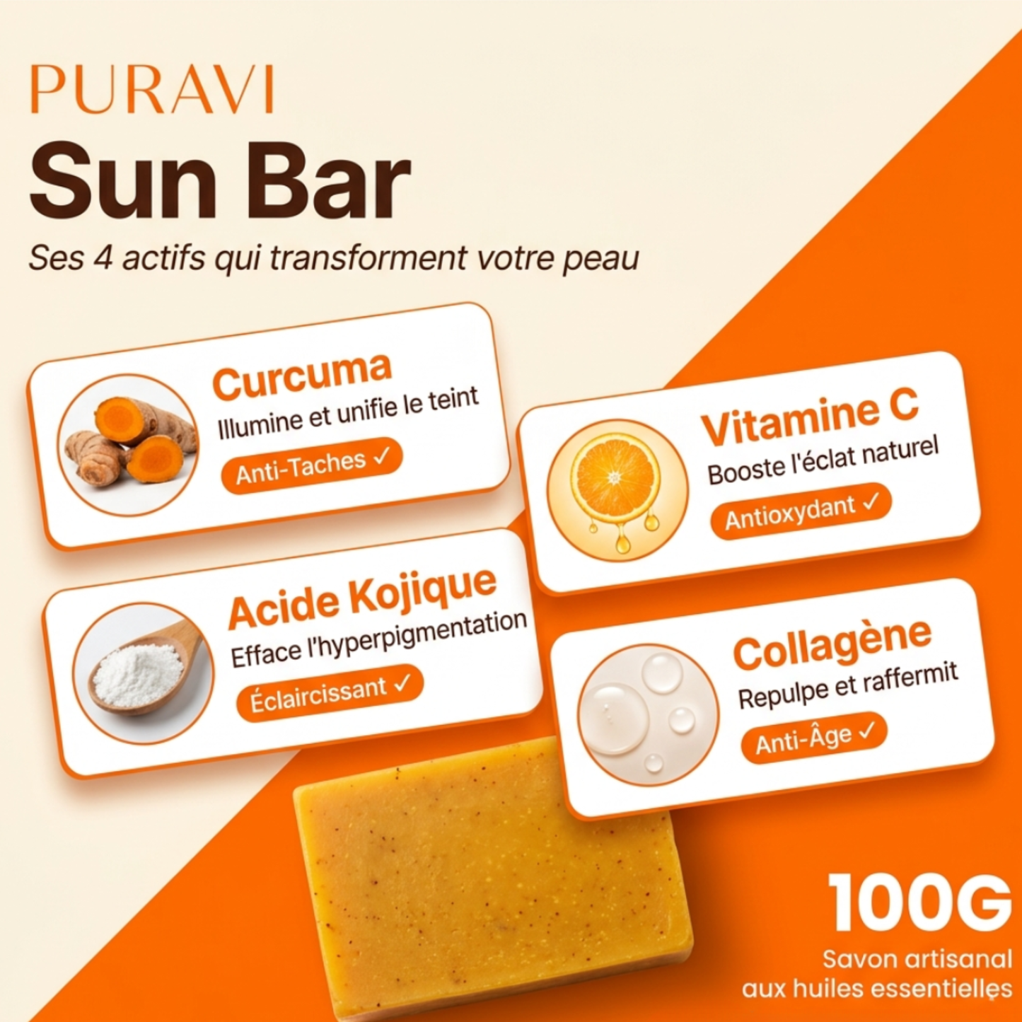 Sun Bar — Savon Artisanal Curcuma · Citron · Acide Kojique